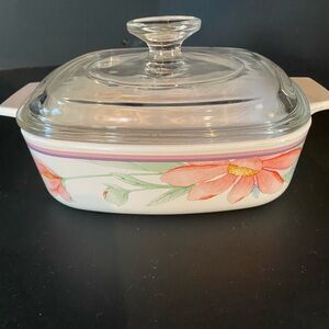 Vintage Corningware Peony Floral Casserole Dish w/ Pyrex Lid